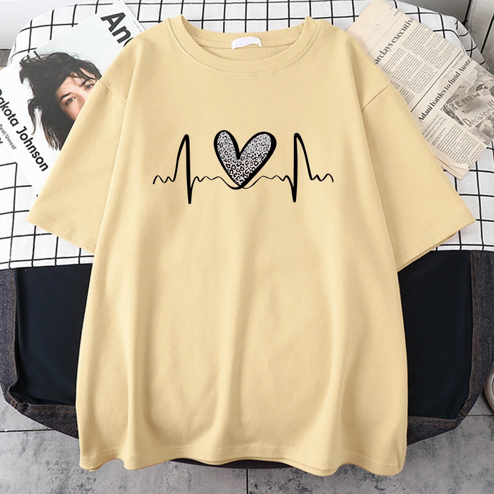 Fluctuating Leopard Heart Electrocardiogram T-Shirt Women Summer Soft Clothing Fashion Short Sleeve Plus Size Cotton Tshirts