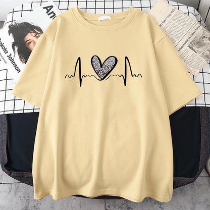 Fluctuating Leopard Heart Electrocardiogram T-Shirt Women Summer Soft Clothing Fashion Short Sleeve Plus Size Cotton Tshirts
