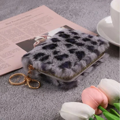 Fashion Leopard Print Plush Short Wallet with Keychain