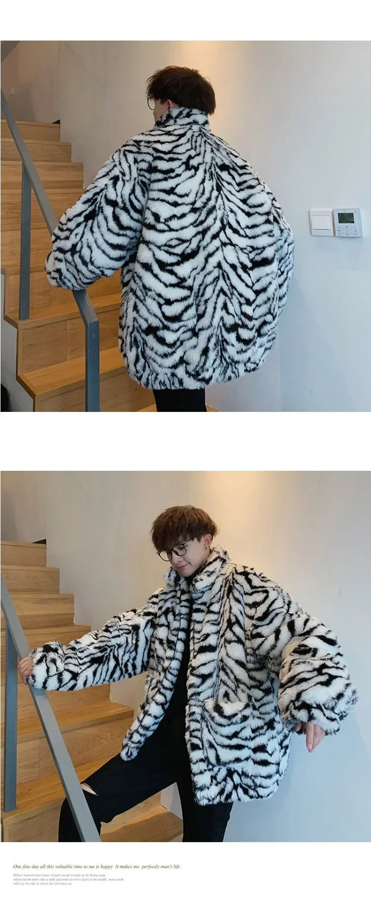 Tiger Stripes Printed Men Jacket Loose Fluffy Imitation
