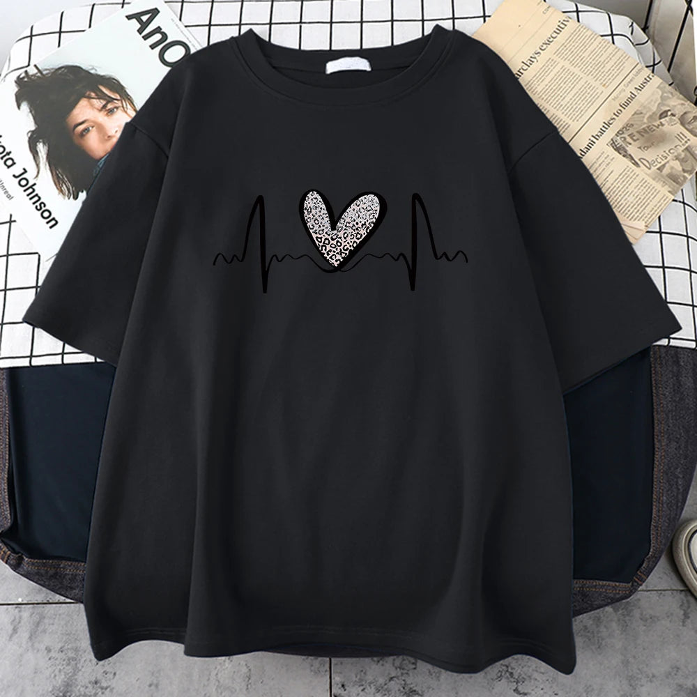Fluctuating Leopard Heart Electrocardiogram T-Shirt Women Summer Soft Clothing Fashion Short Sleeve Plus Size Cotton Tshirts