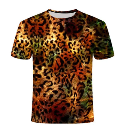 Leopard Print 3D Printing T-shirt Contrasting Stripes Fleck