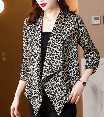 Satin irregular long cardigan women's plus size spring and summer new fashion elegant thin casual sunscreen leopard print coat