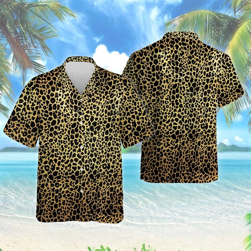 Female Leopard Graphic Lapel Blouse Fashion Male Streetwear Hip Hop Shirt For Men Clothes Wild Animal Short Sleeve Cheetah Top