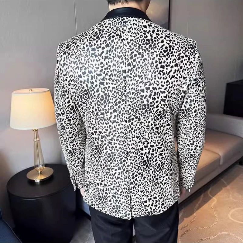 Splicing Leather Collar Men's Suit Jacket Blazer