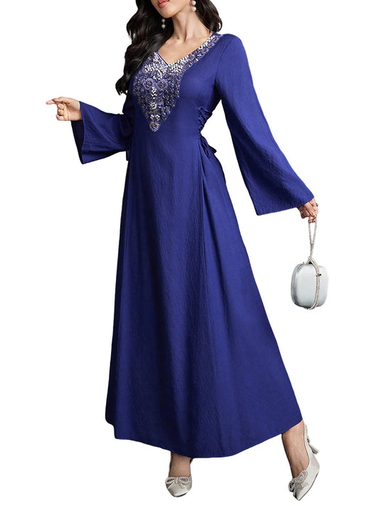 Rafiah Select Long Women's Dress V Neckline Long Sleeves Ties Long Sleeve Square Neck Arabian Dress Casual Sophisticated