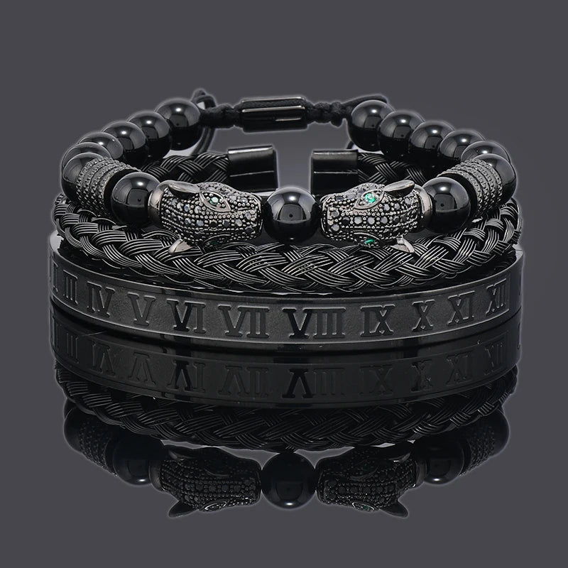 Luxury Black Stone Beads Leopard Head Man Bracelet