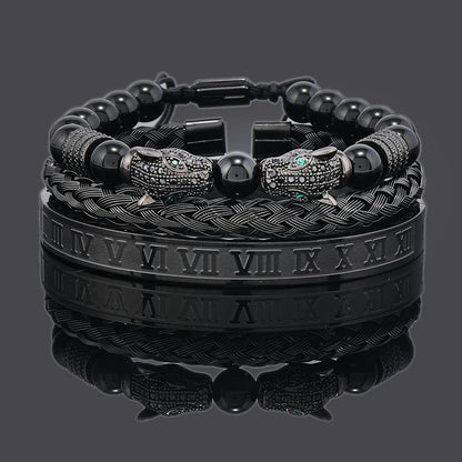 Luxury Black Stone Beads Leopard Head Man Bracelet