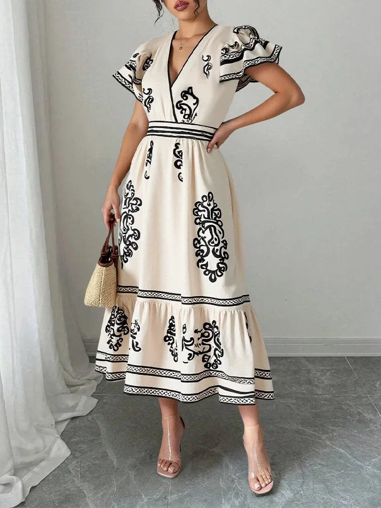 Rafiah Boutique Women's Even Dress 2025 Summer Modest Fashion Graphic Printing Midi Draped Short Petal Sleeve V-Neck Long Dress