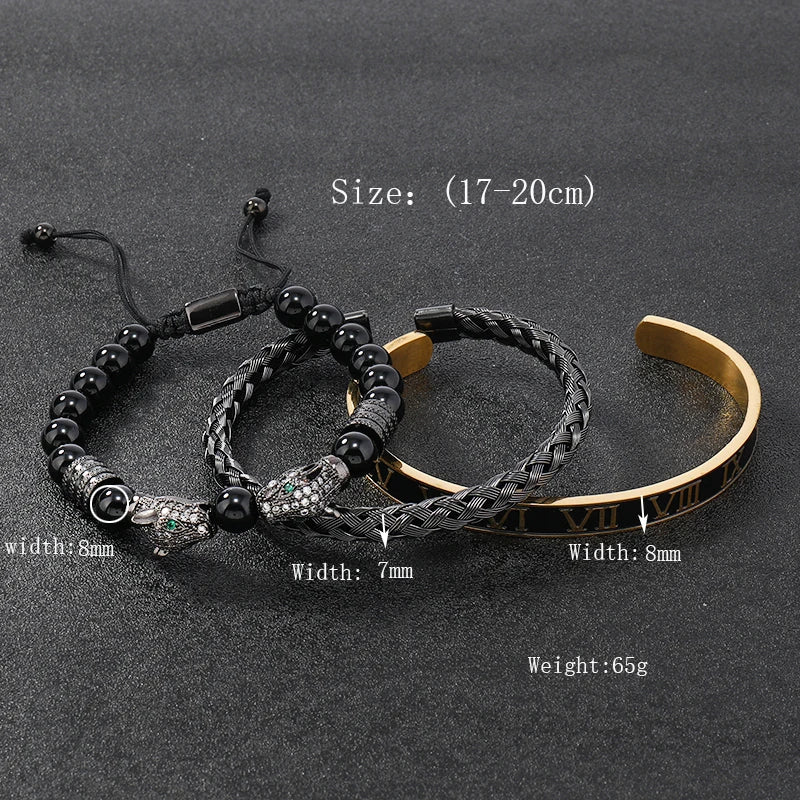 Luxury Black Stone Beads Leopard Head Man Bracelet