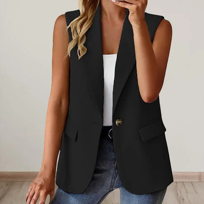 Women Summer Waistcoat Sleeveless Business Vest Coat Solid Color Lapel Pockets Single Button Straight Formal Style Commute Coat