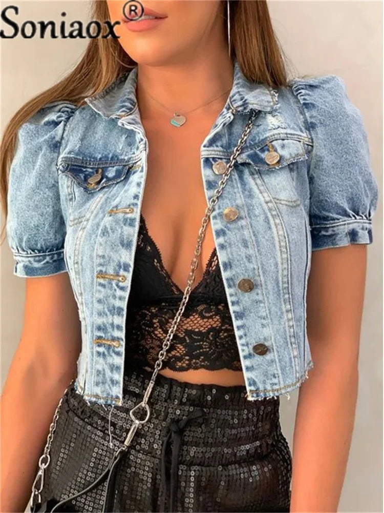 2022 Fashion Women Streetwear Jean Coat Cropped Outerwear Jacket Female Tops Single Breasted Ripped Short Sleeve Denim Jackets