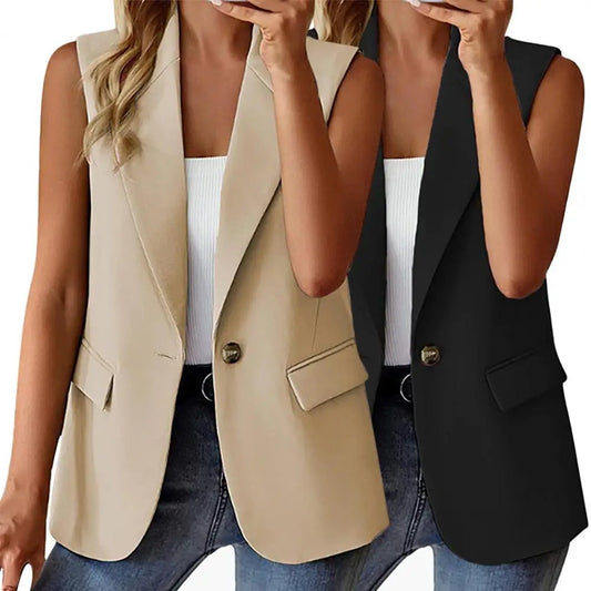Women Summer Waistcoat Sleeveless Business Vest Coat Solid Color Lapel Pockets Single Button Straight Formal Style Commute Coat