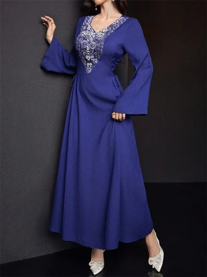 Rafiah Select Long Women's Dress V Neckline Long Sleeves Ties Long Sleeve Square Neck Arabian Dress Casual Sophisticated