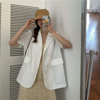 SMVP 2025 Women's Summer Short-sleeved Jacket Casual All-match Loose Double-breasted Blazers Coat Woman Korean Chic White Blazer