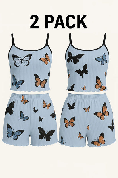 Butterfly Print Pajama Set Lettuce Trim Cami Top