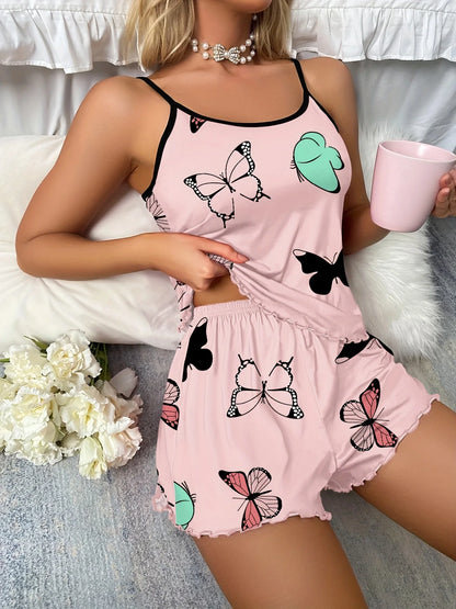 Butterfly Print Pajama Set Lettuce Trim Cami Top