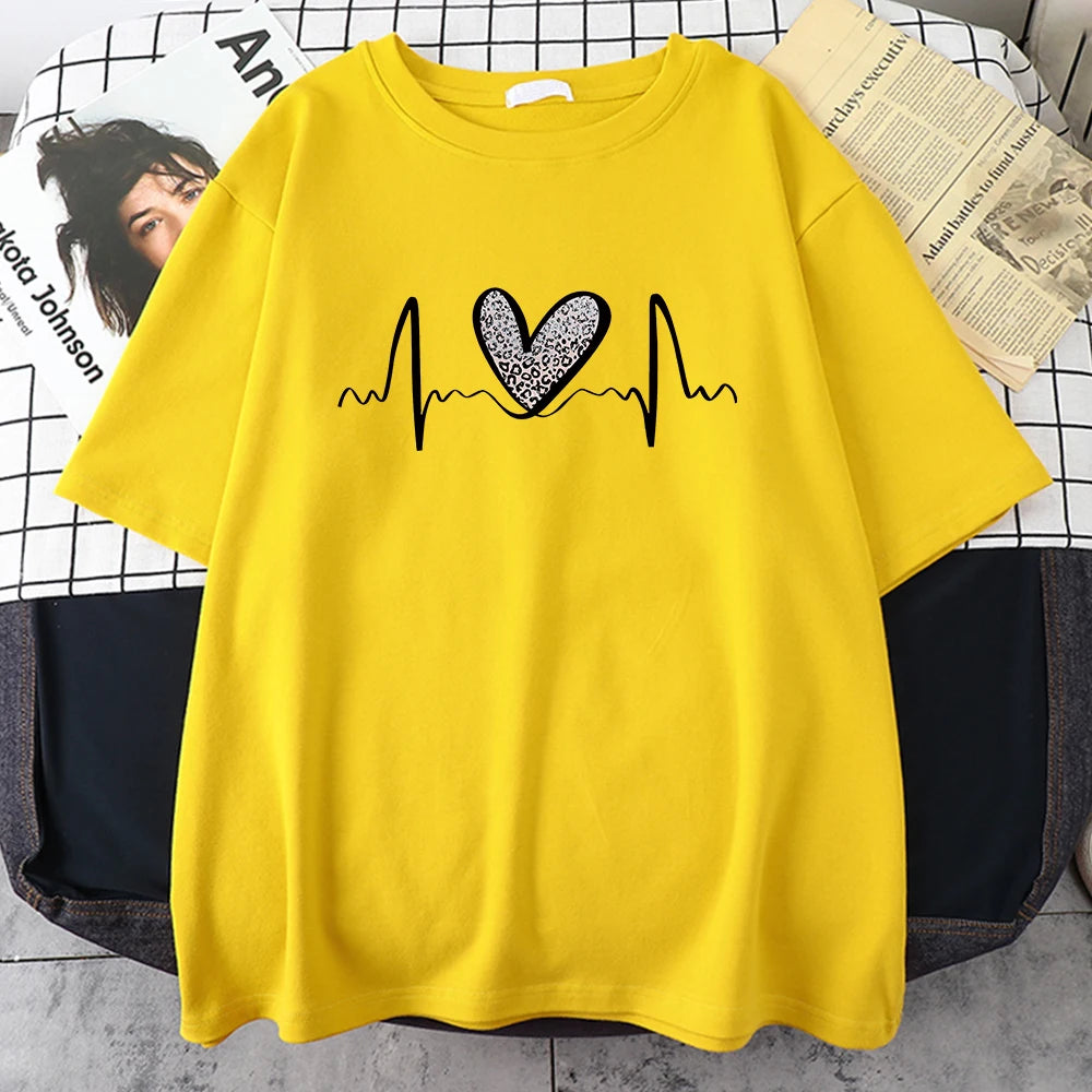 Fluctuating Leopard Heart Electrocardiogram T-Shirt Women Summer Soft Clothing Fashion Short Sleeve Plus Size Cotton Tshirts