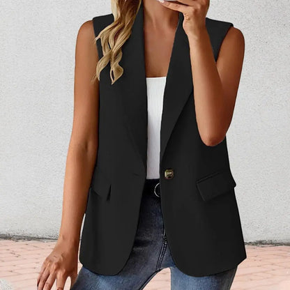 Women Summer Waistcoat Sleeveless Business Vest Coat Solid Color Lapel Pockets Single Button Straight Formal Style Commute Coat