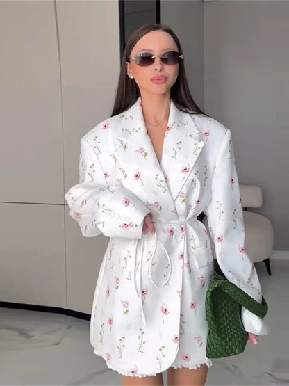Floral Fashion Belts Blazer Coat Women Shoulder Pads Single Breasted Notched Long Sleeve Street Jacket 2025 Spring Holiday Party