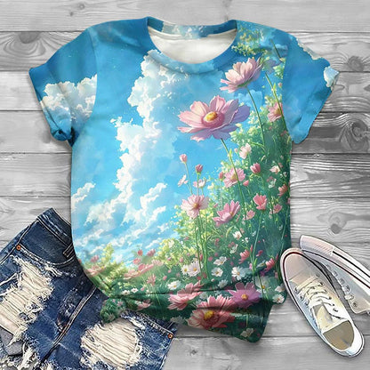 Flower Floral Pattern 3D Print T-Shirts Women Casual O-Neck Short Sleeve T Shirt Y2k Harajuku Tee Streetwear Top Female Clothing