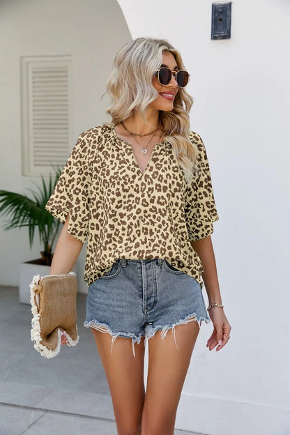 New Leopard Print Short-sleeved V-neck Loose Casual