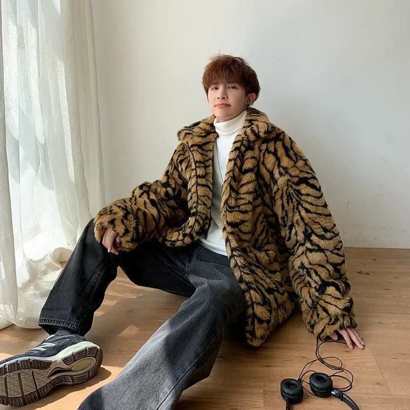 Tiger Stripes Printed Men Jacket Loose Fluffy Imitation