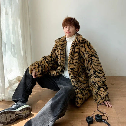 Tiger Stripes Printed Men Jacket Loose Fluffy Imitation