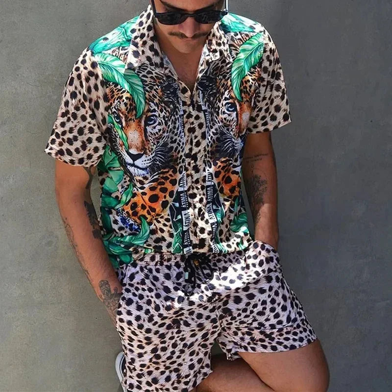 Summer Men's Fashion Leopard Print Short Sleeve