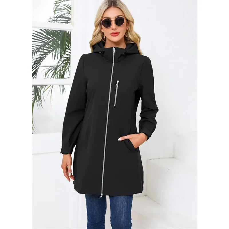 Spring New Green Women's Hooded Long Jacket, Fashion Casual Coats, European Size S-3XL, Trench Women, Pink Black Blue Available