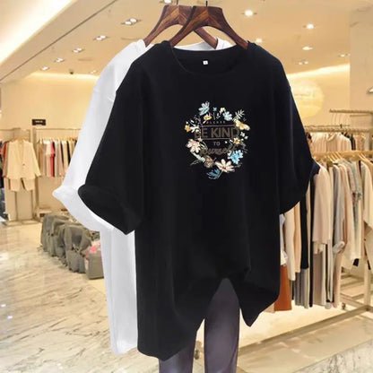 Women Clothing Floral Printing Pure Cotton Basic T-shirts Summer Fashion O-neck Short Sleeve Loose Tee Casual Chic Tops 45-105Kg