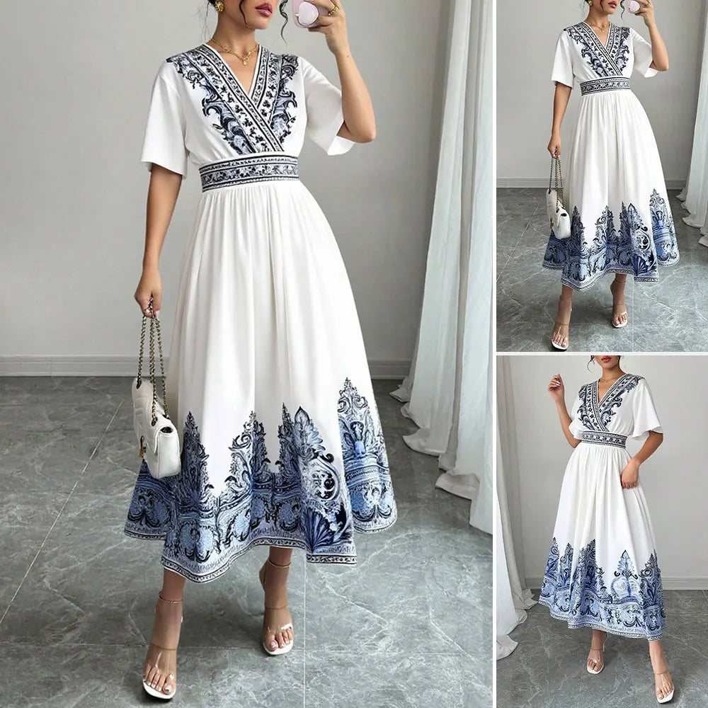 Rafiah Boutique Women's Summer White Midi Dress 2025 V-Neck Short Sleeve with Blue Embroidery and A-Line Silhouette Casual Wear