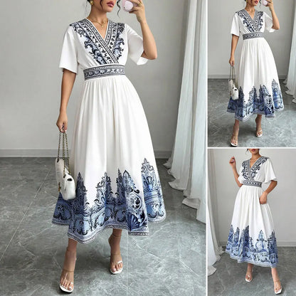 Rafiah Boutique Women's Summer White Midi Dress 2025 V-Neck Short Sleeve with Blue Embroidery and A-Line Silhouette Casual Wear