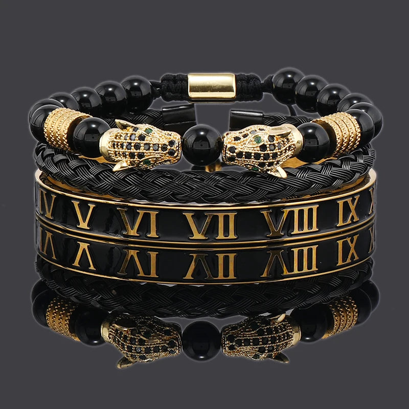 Luxury Black Stone Beads Leopard Head Man Bracelet