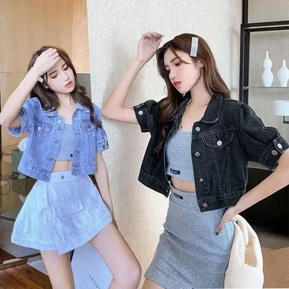Fashion Buttons Casual Jean Coat Cropped Denim Jacket Women Summer Loose Korean Solid Short Sleeve Turn Down Collar Outerwear