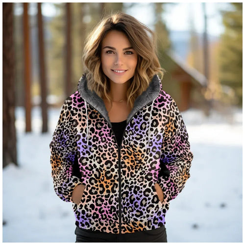 Women Coats Jackets Pink Leopard Graphics Printed Cardigans Outdoors Colors Plush Thick Winter Casual Streetwear Female Clothing