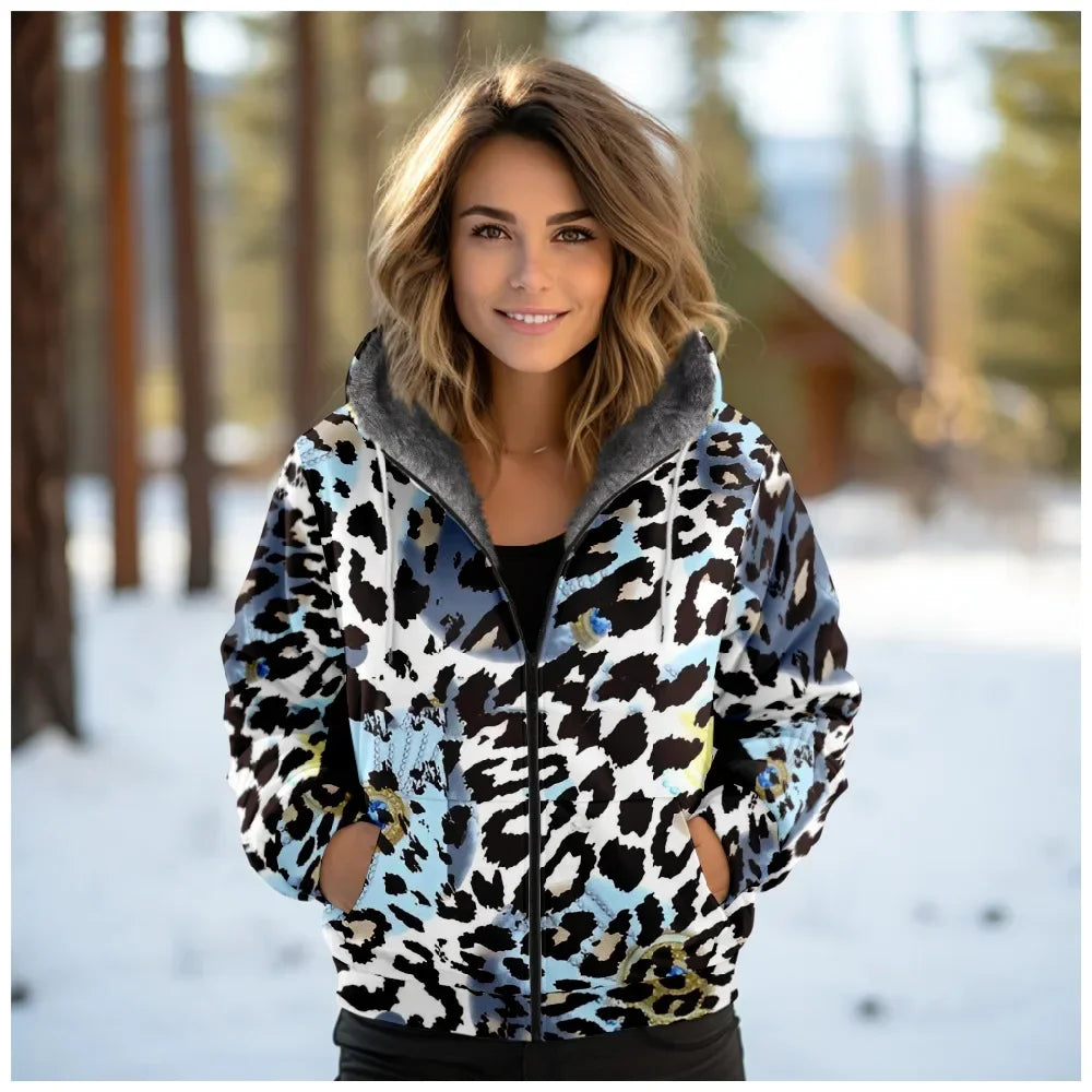 Women Coats Jackets Pink Leopard Graphics Printed Cardigans Outdoors Colors Plush Thick Winter Casual Streetwear Female Clothing