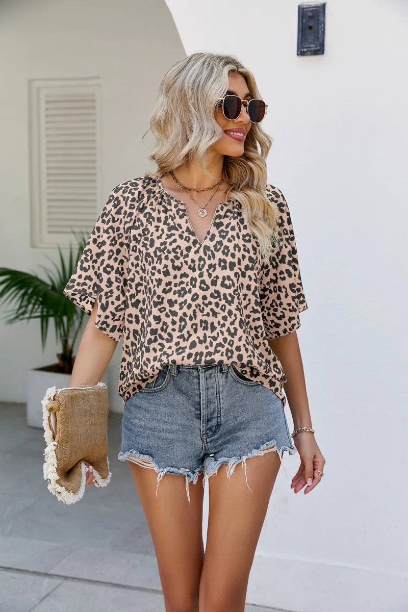 New Leopard Print Short-sleeved V-neck Loose Casual