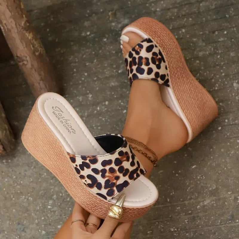 Women's Slippers Leopard Print Wedge High Heel Slingback