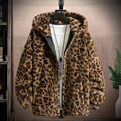 Leopard Print Cotton-padded Overcoat Autumn Men Jacket