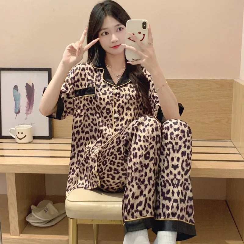 Ice silk advanced sense of leopard print women's pajamas
