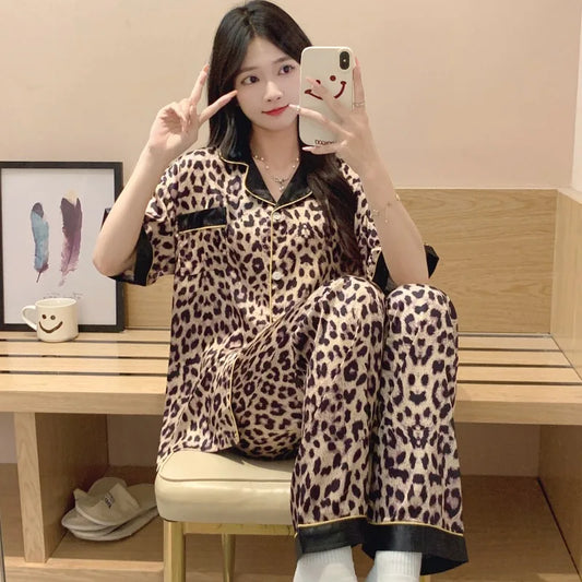 Ice silk advanced sense of leopard print women's pajamas