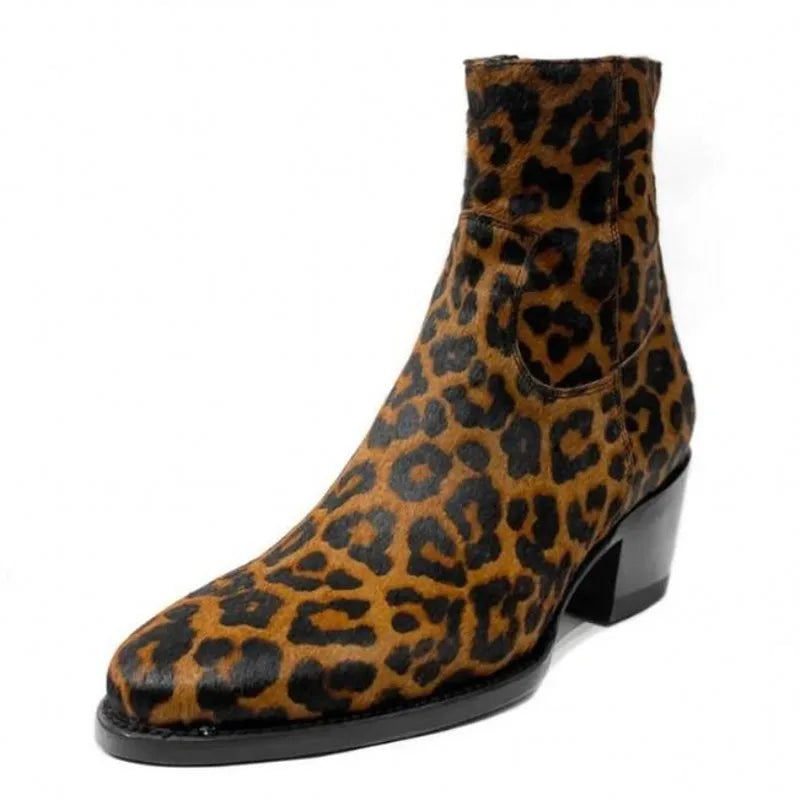 Brown Leopard Print Genuine Leather Mens Ankle Boots