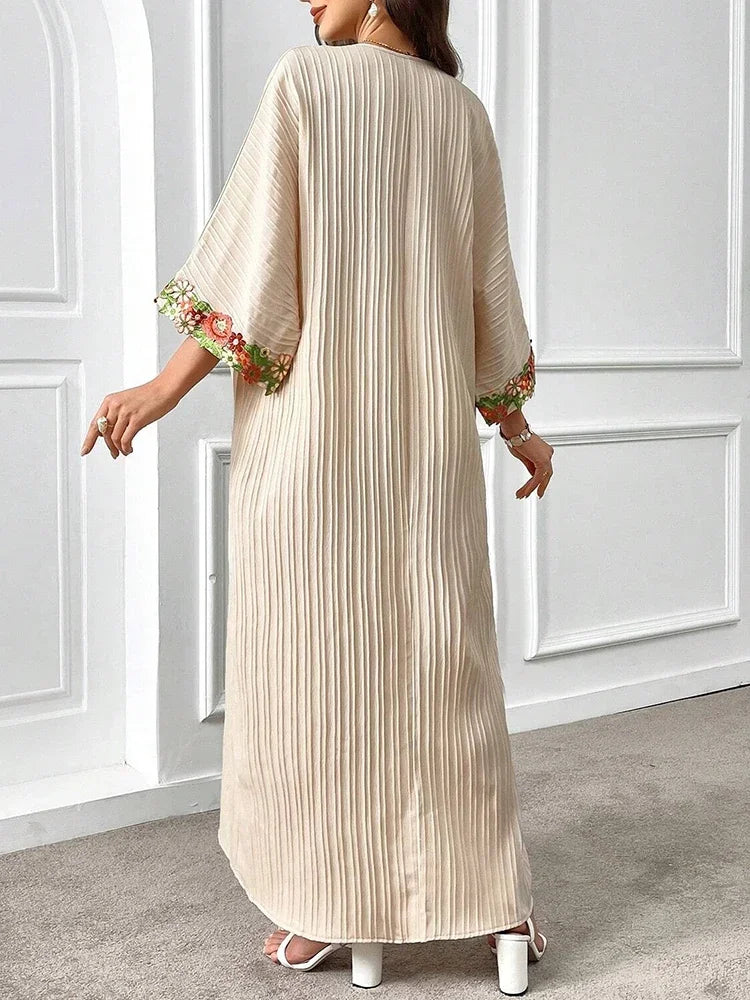 Rafiah Boutique Women's Even Dress Modest Fashion Screw Thread Sophisticated Long Sleeve V-Neck Appliques Loose Fit Dresses