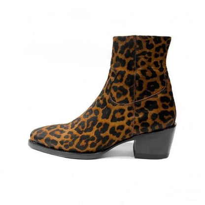 Brown Leopard Print Genuine Leather Mens Ankle Boots