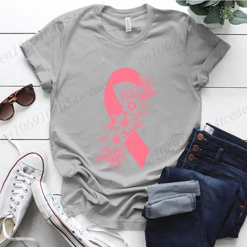 Breast Cancer Awareness Shirt Pink Ribbon Floral T-Shirts Support Cancer Fighter Women's Clothing Breast Cancer Survivor Tops