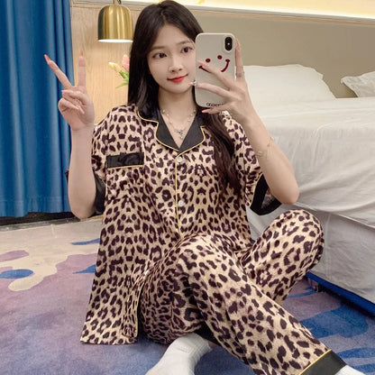 Ice silk advanced sense of leopard print women's pajamas