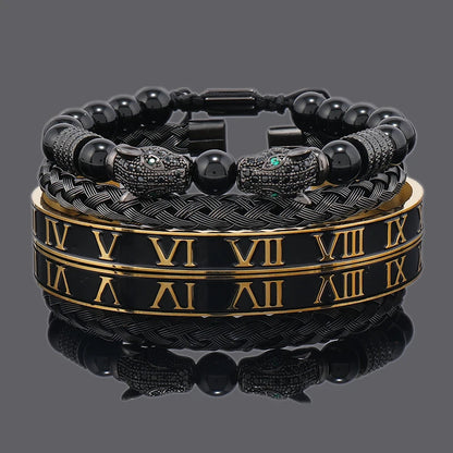 Luxury Black Stone Beads Leopard Head Man Bracelet