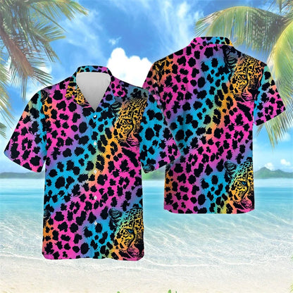 Female Leopard Graphic Lapel Blouse Fashion Male Streetwear Hip Hop Shirt For Men Clothes Wild Animal Short Sleeve Cheetah Top