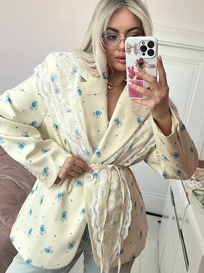 Floral Fashion Belts Blazer Coat Women Shoulder Pads Single Breasted Notched Long Sleeve Street Jacket 2025 Spring Holiday Party